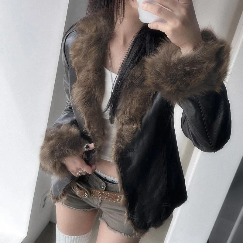 Wjczt cold weather outfits 2024 Autumn and Winter Maillard Fur Collar Leather Coat American Street Hot Girl Style Loose Cardigan Top