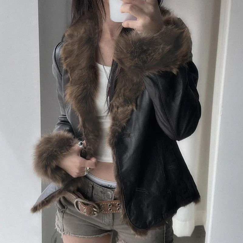 Wjczt cold weather outfits 2024 Autumn and Winter Maillard Fur Collar Leather Coat American Street Hot Girl Style Loose Cardigan Top