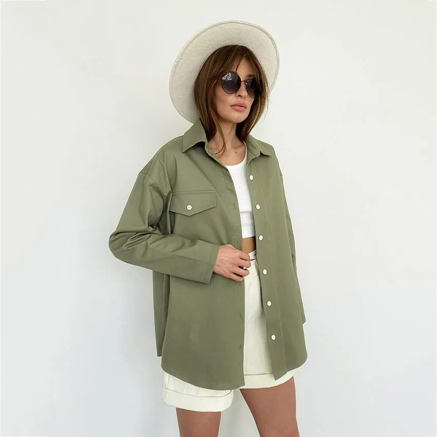 Wjczt social worker outfits New American Retro Green Workwear Shirt Women's Design Loose Long Sleeve Shirt Cardigan Jacket Coat