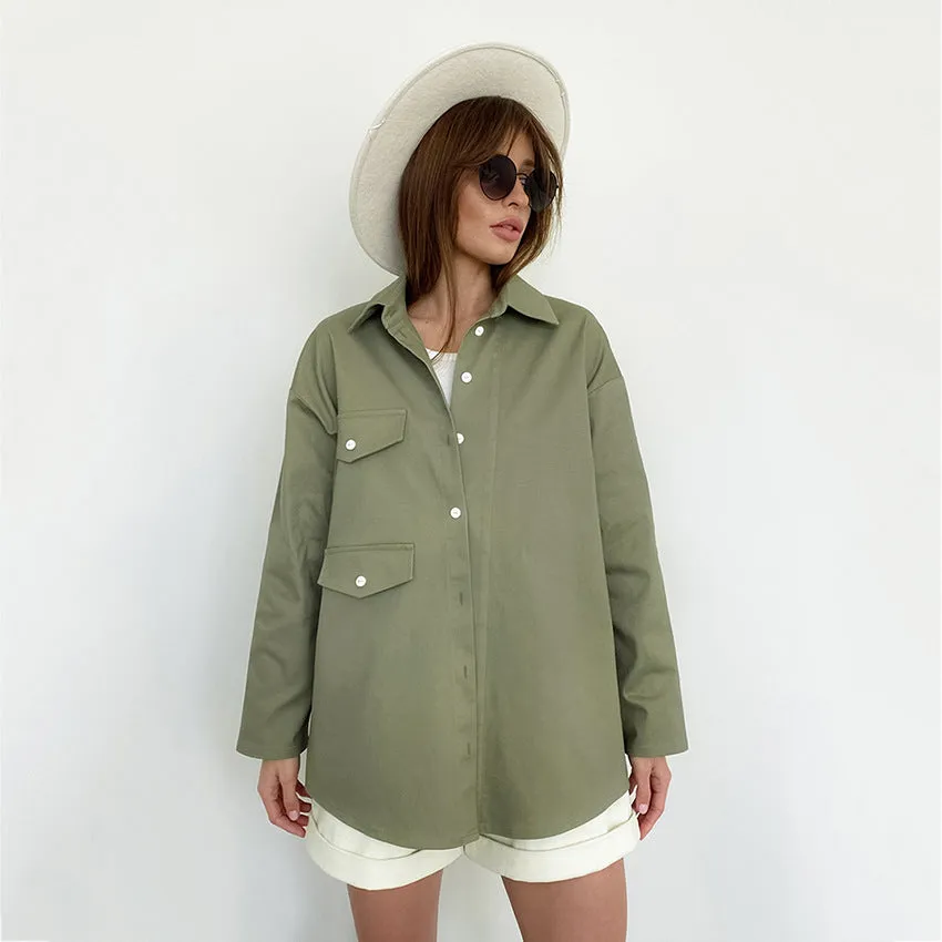 Wjczt social worker outfits New American Retro Green Workwear Shirt Women's Design Loose Long Sleeve Shirt Cardigan Jacket Coat