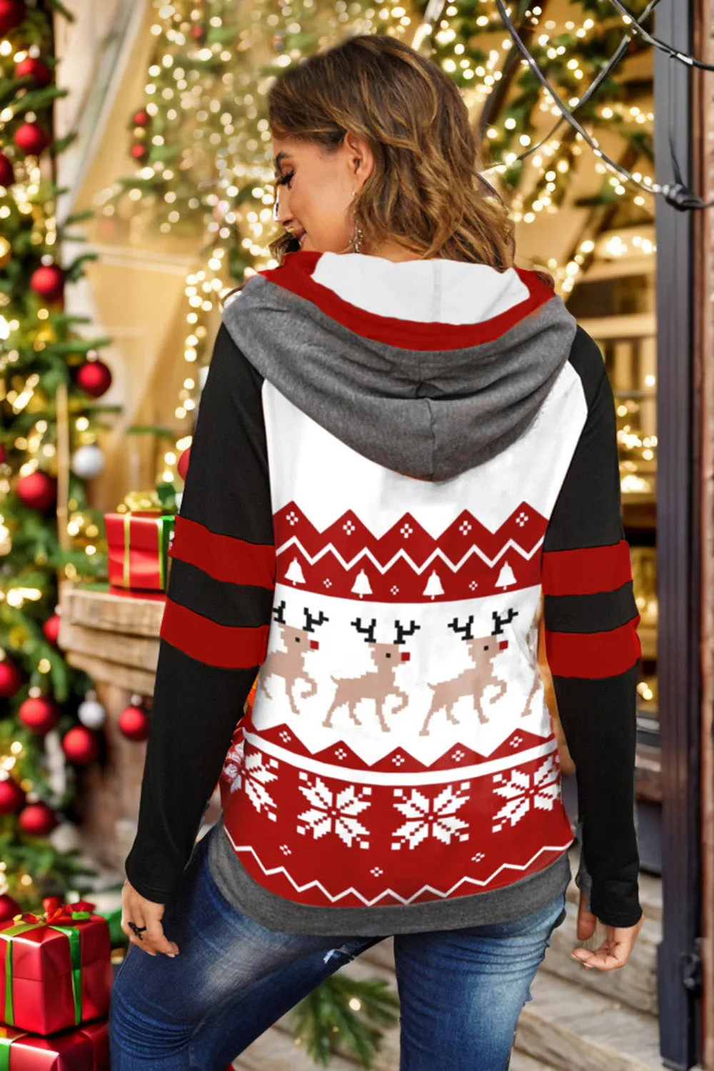 Women Double Take Full Size Christmas Drawstring Long Sleeve Hoodie