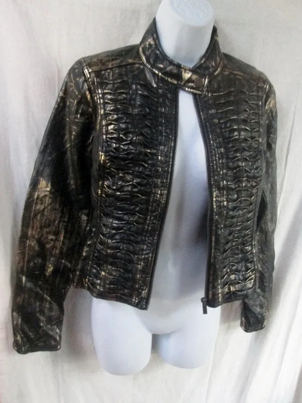 Womens BLANC NOIR faux vegan leather jacket hipster moto coat BLACK GOLD XS