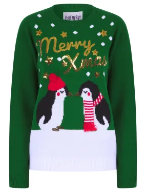 Women's Kissing Penguin Sequin Novelty Knitted Christmas Jumper in Christmas Green - Merry Christmas