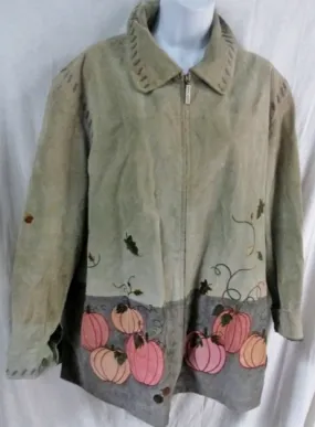 Womens QUACKER FACTORY Embroidered Suede Pumpkin JACKET COAT 1X GREEN FLORAL