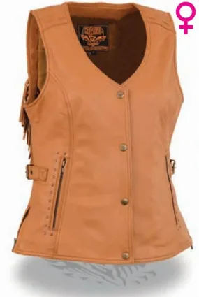 Women’s Saddle Tan Snap Front Vest W/ Fringe