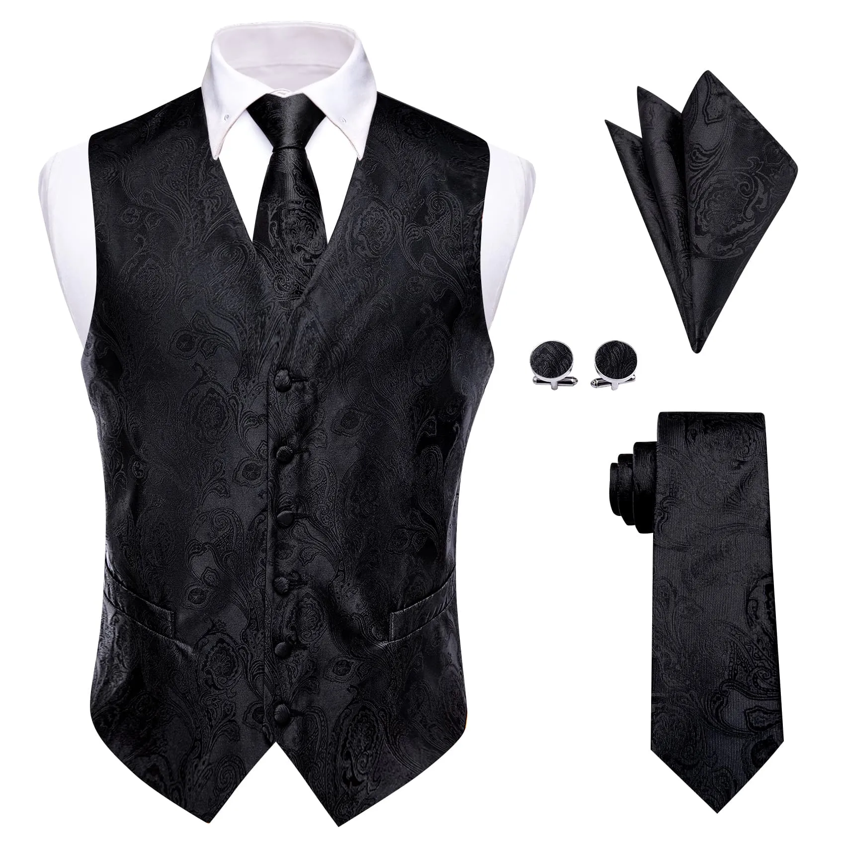 YourTies Black Wedding Waistcoat Paisley Sleeveless Mens Vest Tie Set